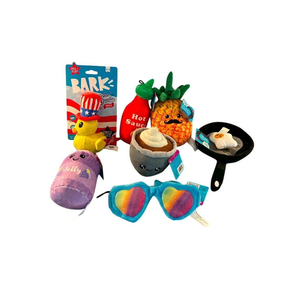 Bark Play On Plush Dog Toy Lot Small Medium Multicolor New 7pc Food Sunglasses